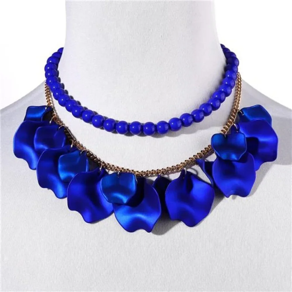 Blue Flower Petal Necklace Earrings Set Layered Statement Necklace Beaded